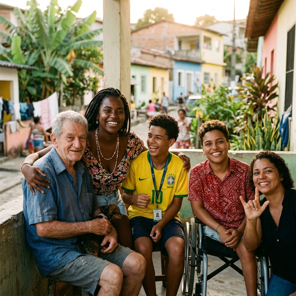 Pessoas diversas do subúrbio de Salvador reunidas e sorrindo