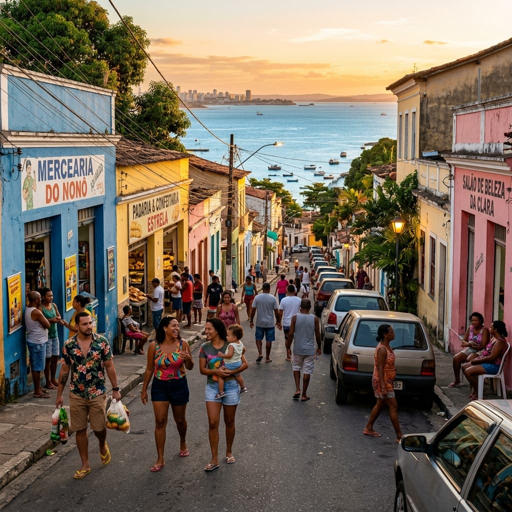 Rua do subúrbio de Salvador ao pôr do sol