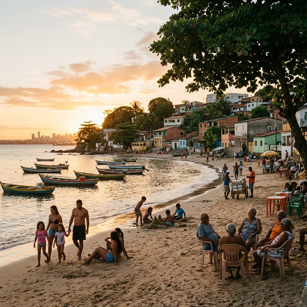 Praia do subúrbio de Salvador com famílias e barcos de pesca